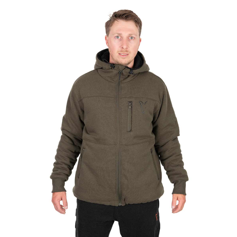 Fox Collection Sherpa Yeşil & Siyah Kapüşonlu Kalın Hırka Ceket