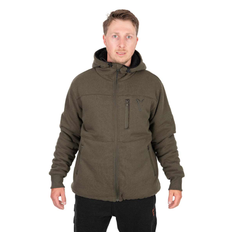 Fox Collection Sherpa Yeşil & Siyah Kapüşonlu Kalın Hırka Ceket